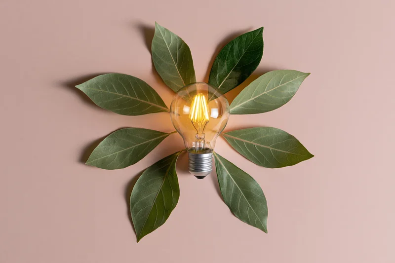 Glowing incandescent lightbulb surrounded by green leaves arranged in a circular pattern on a beige background