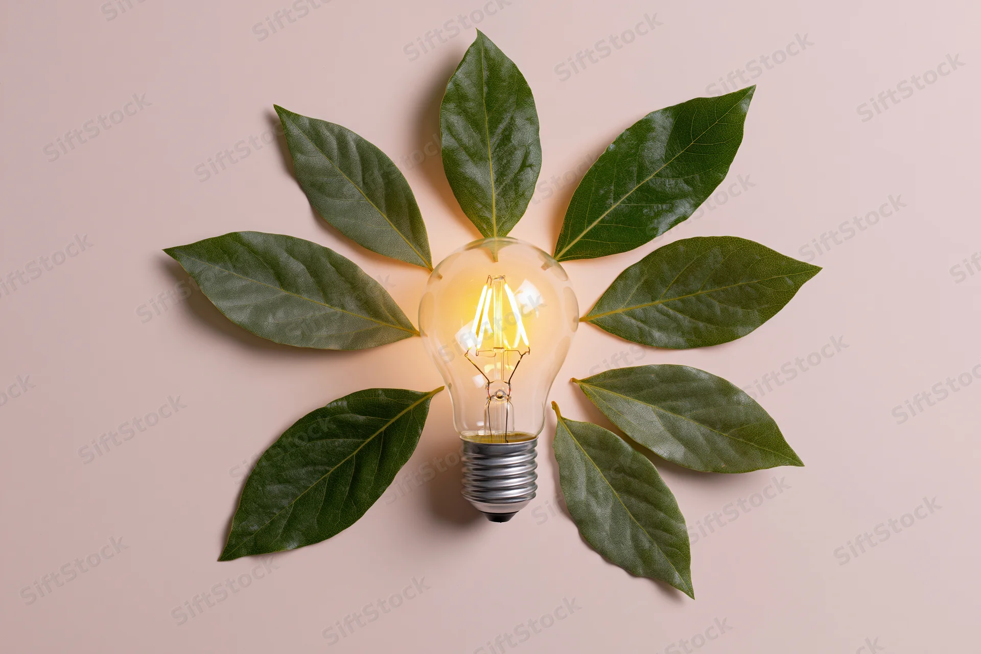 Glowing incandescent lightbulb surrounded by fresh green leaves on a soft pink background