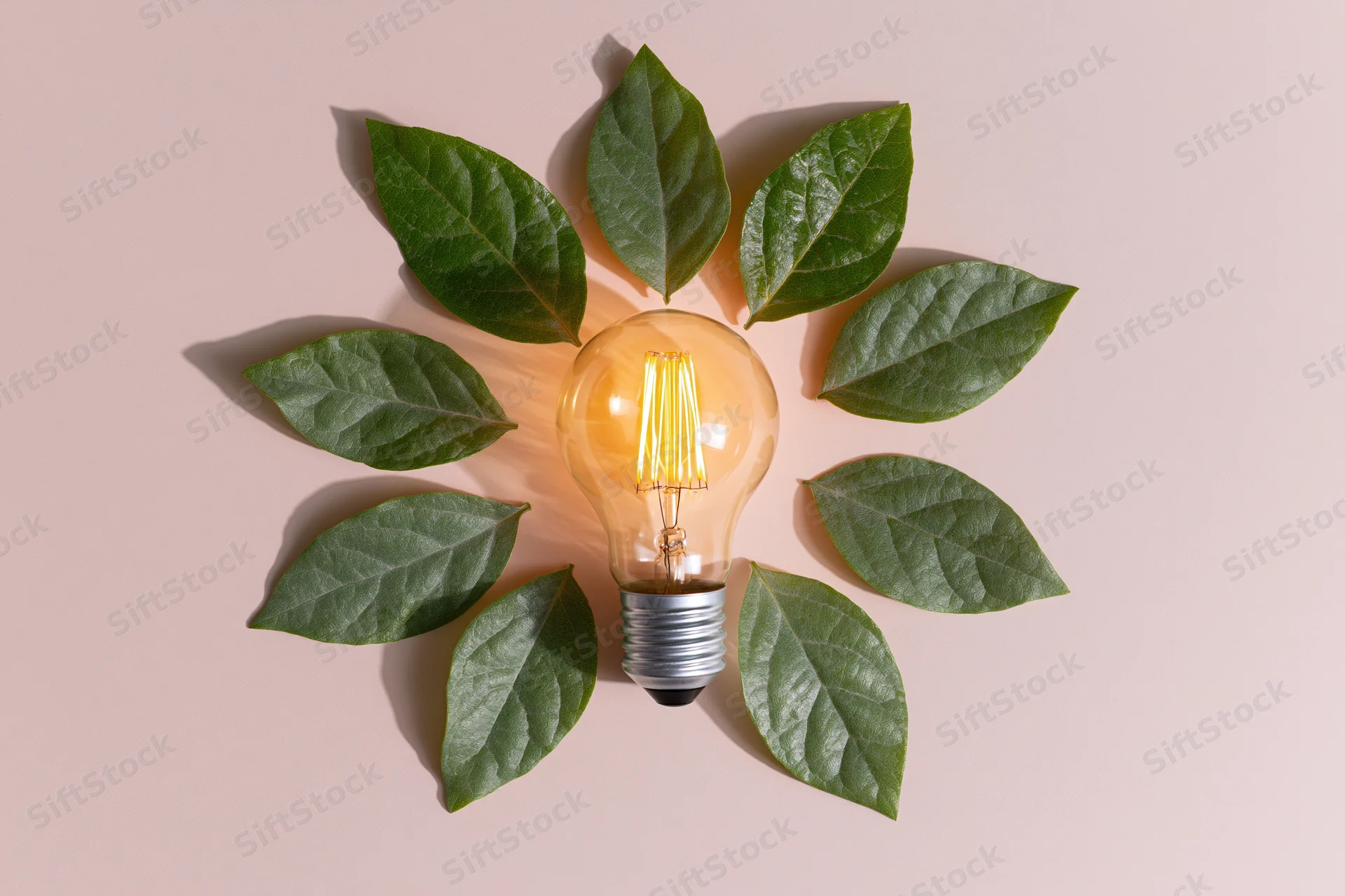 Glowing incandescent lightbulb surrounded by green leaves on beige surface