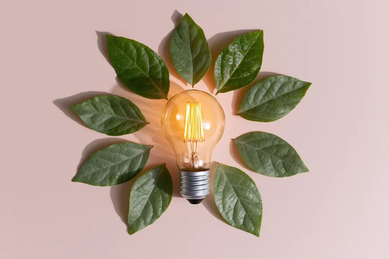 Glowing incandescent lightbulb surrounded by green leaves on beige surface