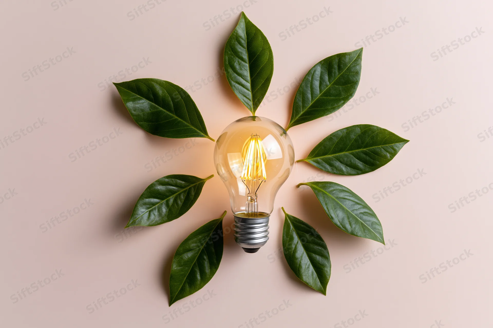 Glowing incandescent lightbulb surrounded by green leaves on a plain background