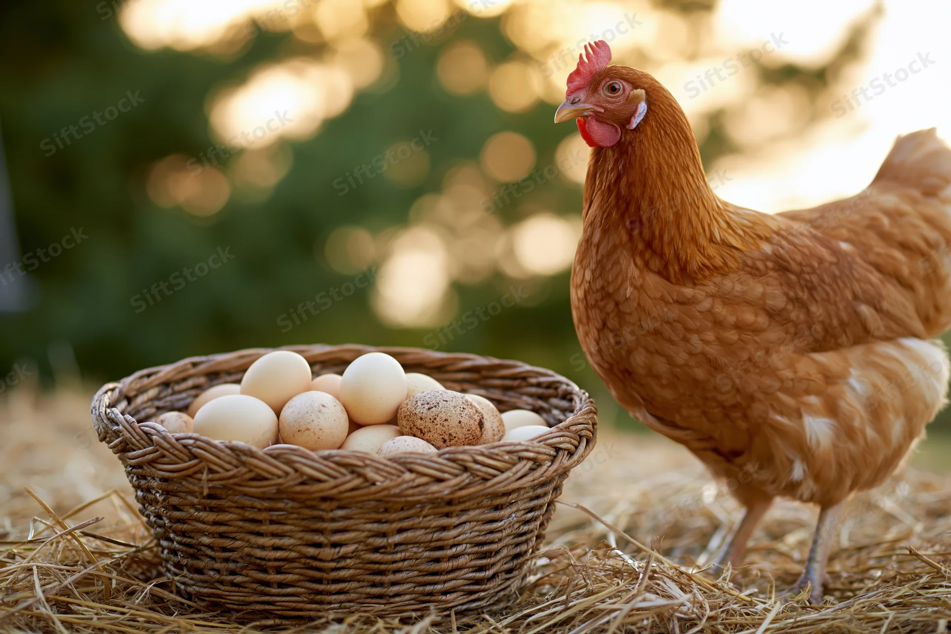 Golden-brown hen standing beside wicker basket filled with eggs on straw in farm setting