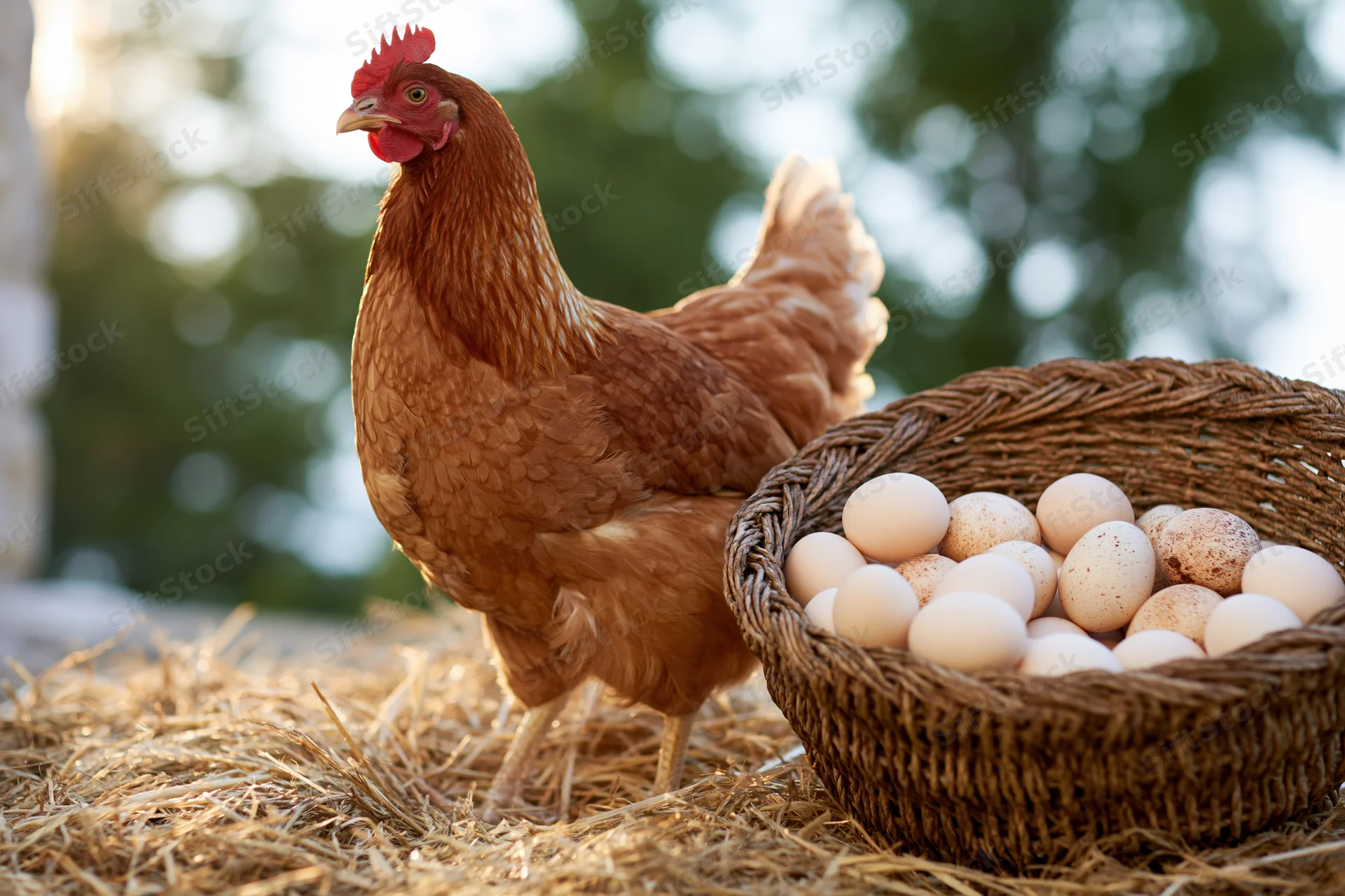 Golden-brown hen standing beside wicker basket filled with eggs on straw bedding