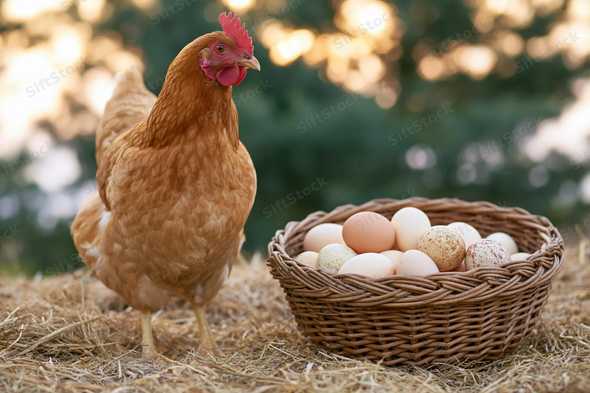 Golden-brown hen standing beside wicker basket filled with eggs on straw in outdoor farm setting