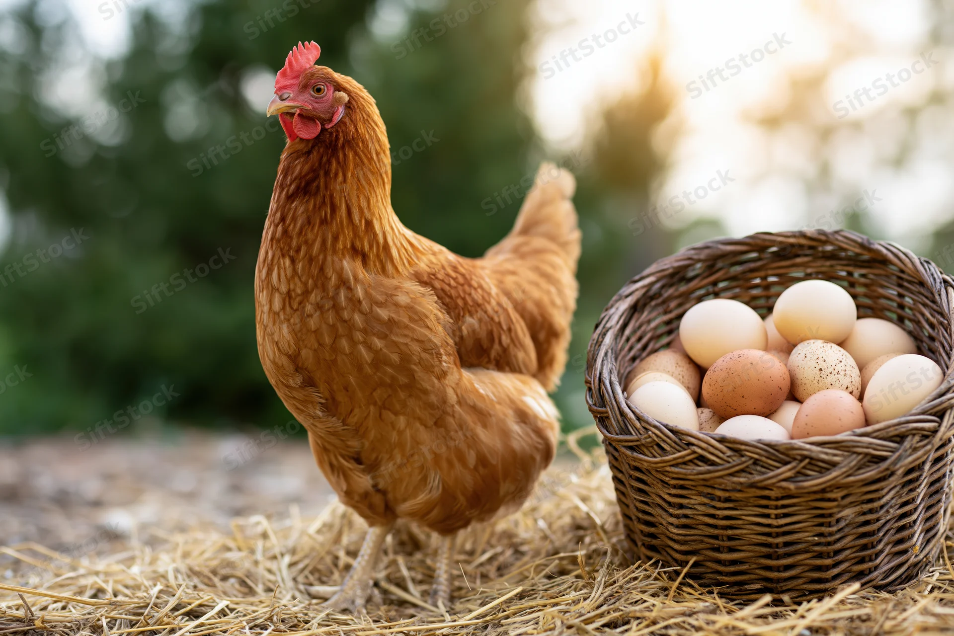 Golden-brown hen standing beside wicker basket filled with eggs on straw in rural setting