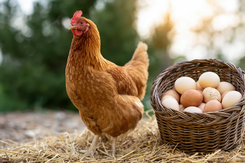 Golden-brown hen standing beside wicker basket filled with eggs on straw in rural setting