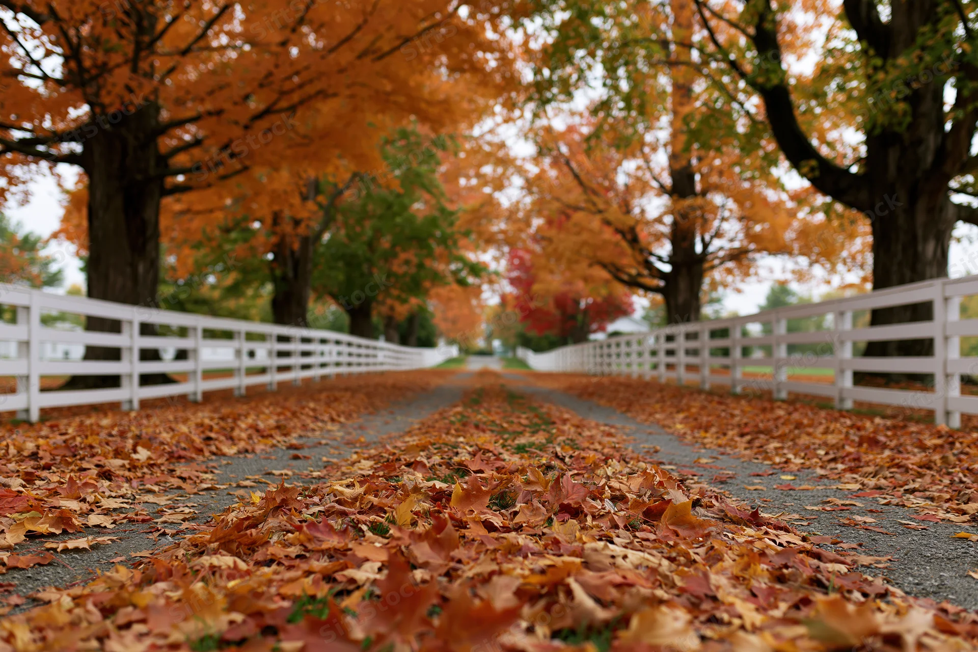Maple leaves covering a gravel country lane lined with mature trees in autumn