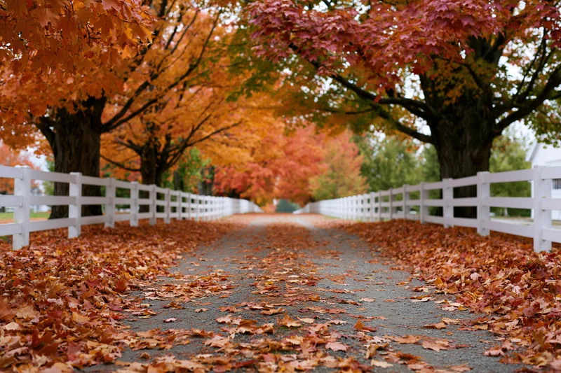 Autumn maple trees lining a gravel country lane with fallen leaves and white fence on either side