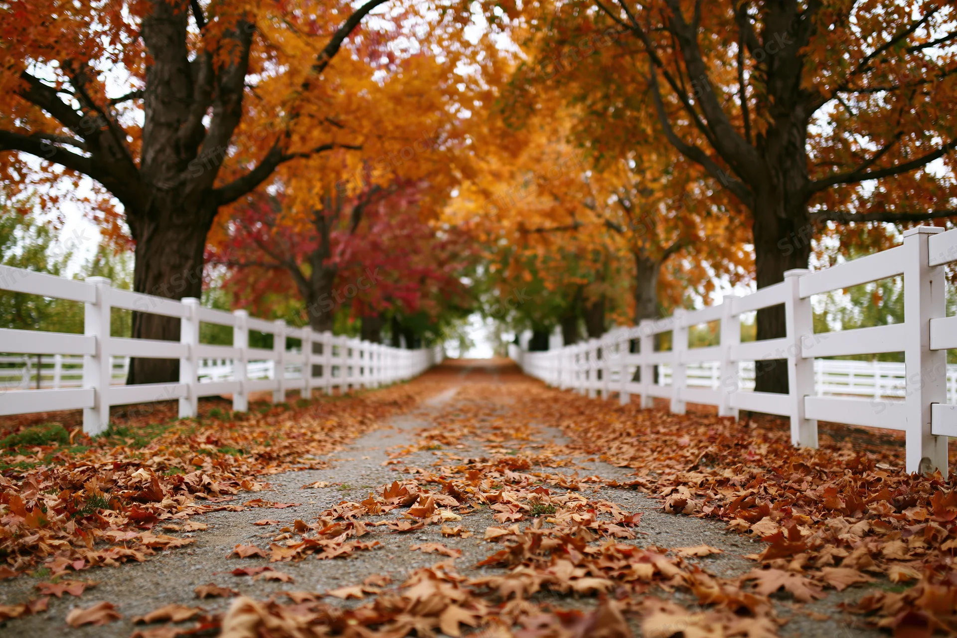 Gravel country lane lined with mature maple trees in autumn, covered in fallen leaves, flanked by white wooden fences