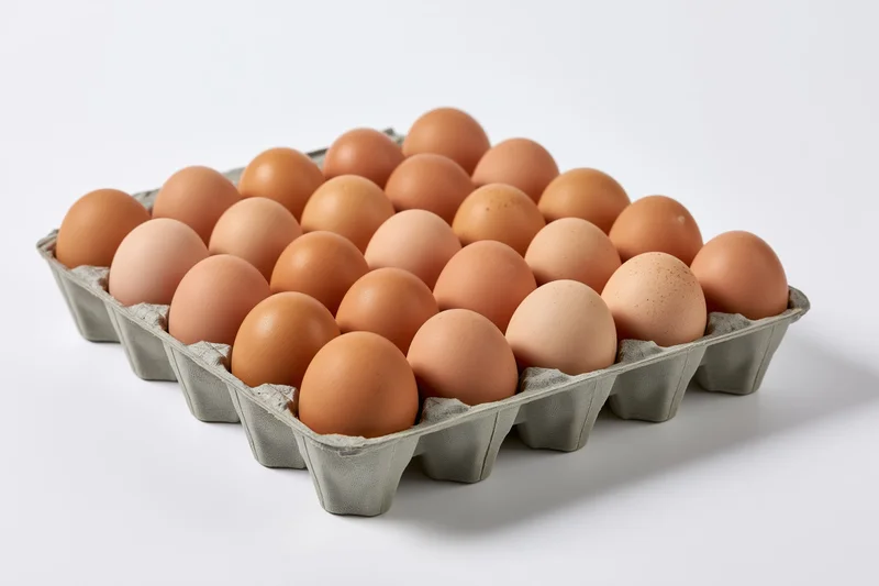 Brown eggs arranged in a gray molded pulp cardboard tray on a white surface