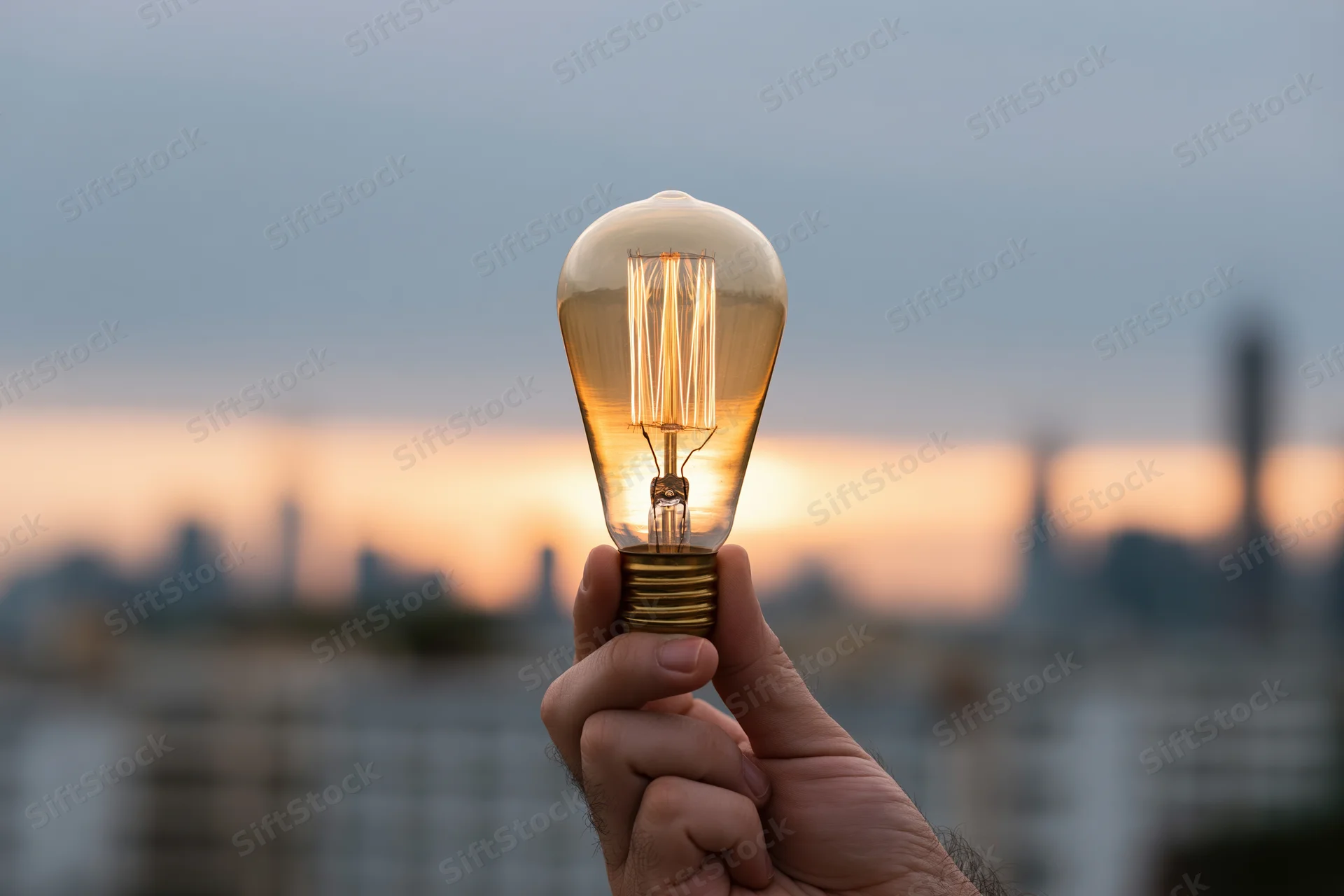 Hand holding glowing edison filament lightbulb against city skyline at sunset