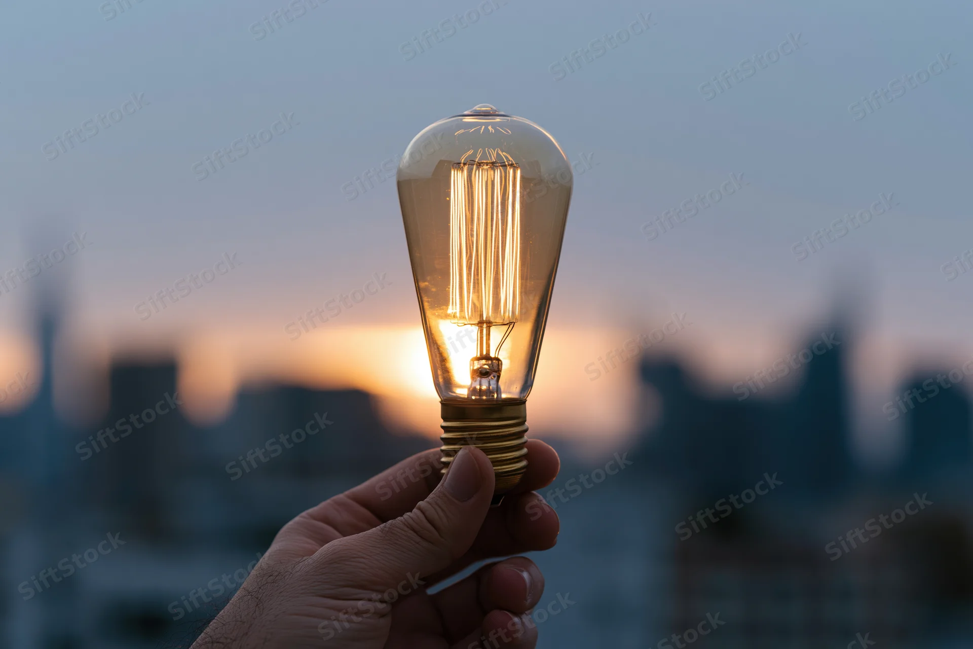 Hand holding glowing edison filament lightbulb against blurred cityscape at sunset
