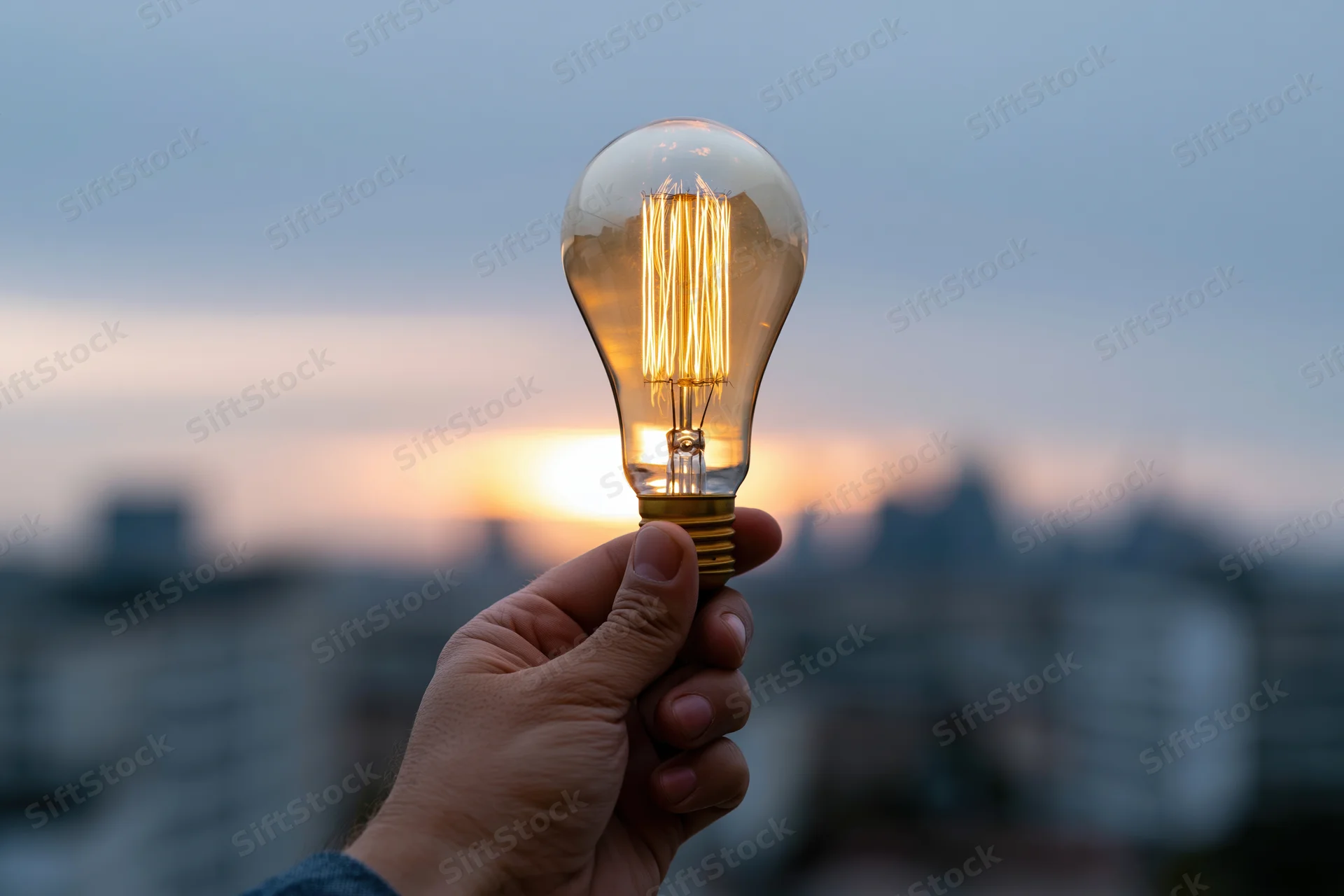Hand holding glowing edison filament lightbulb against city skyline at sunset