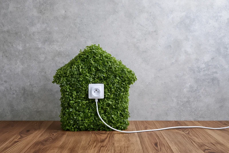 House-shaped clover topiary with electrical plug inserted into socket on wooden floor against concrete wall