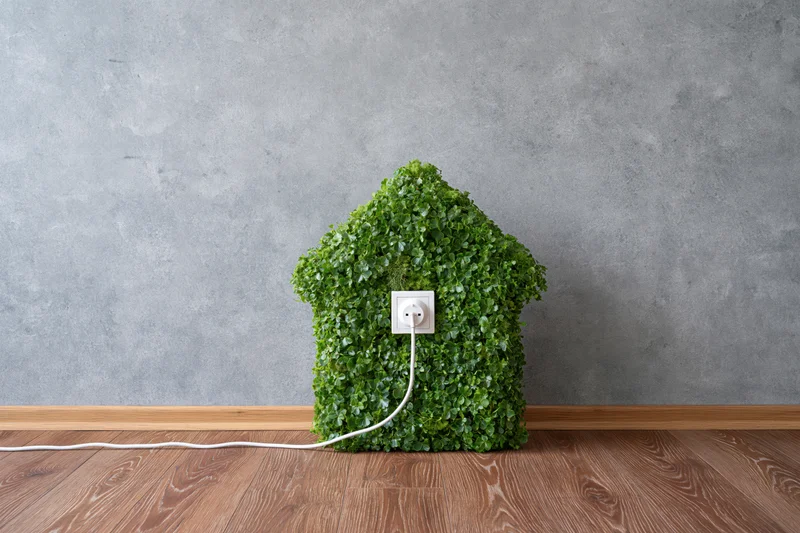 House-shaped clover topiary plugged into wall outlet on wooden floor against gray concrete wall