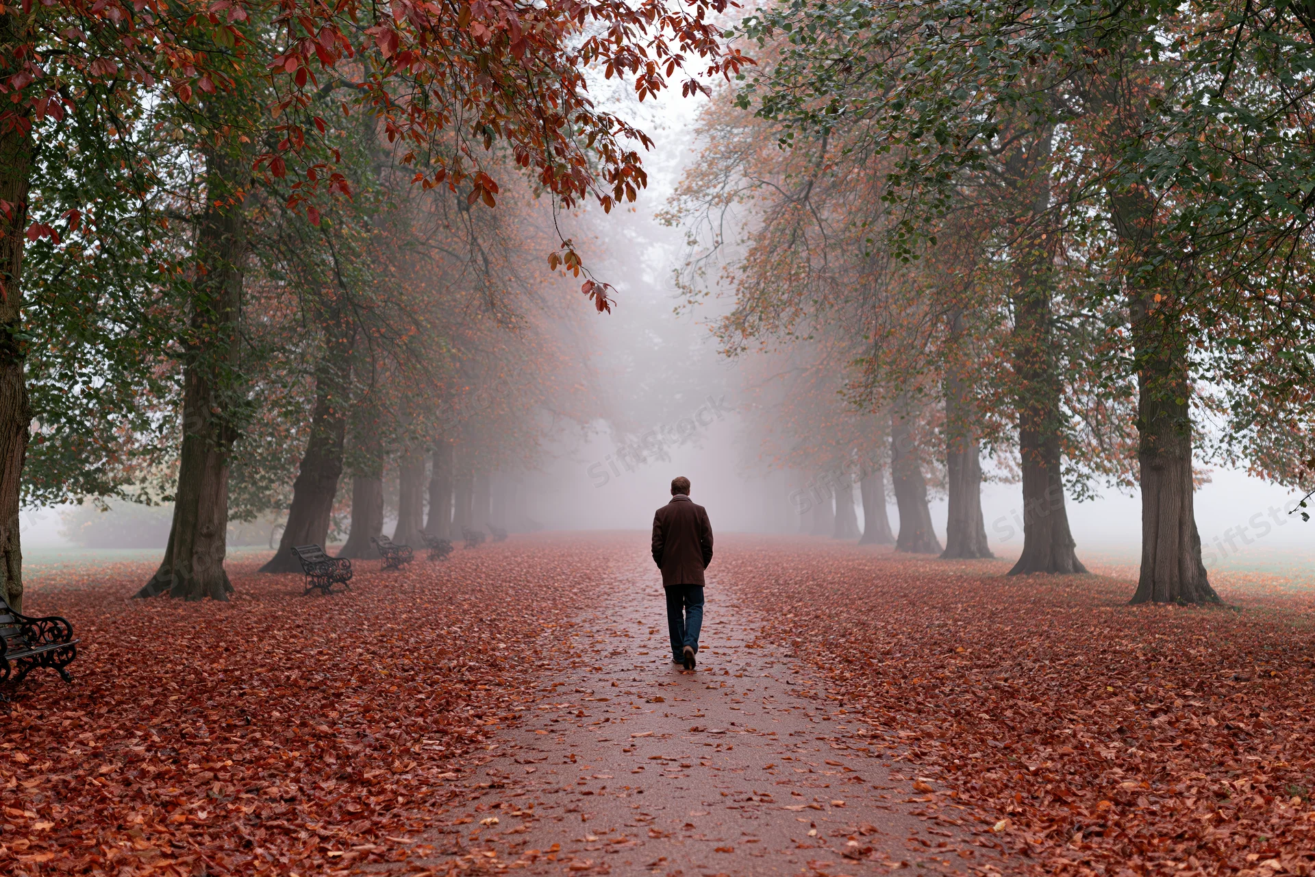 Man walking away down a leaf-covered park avenue in foggy autumn weather