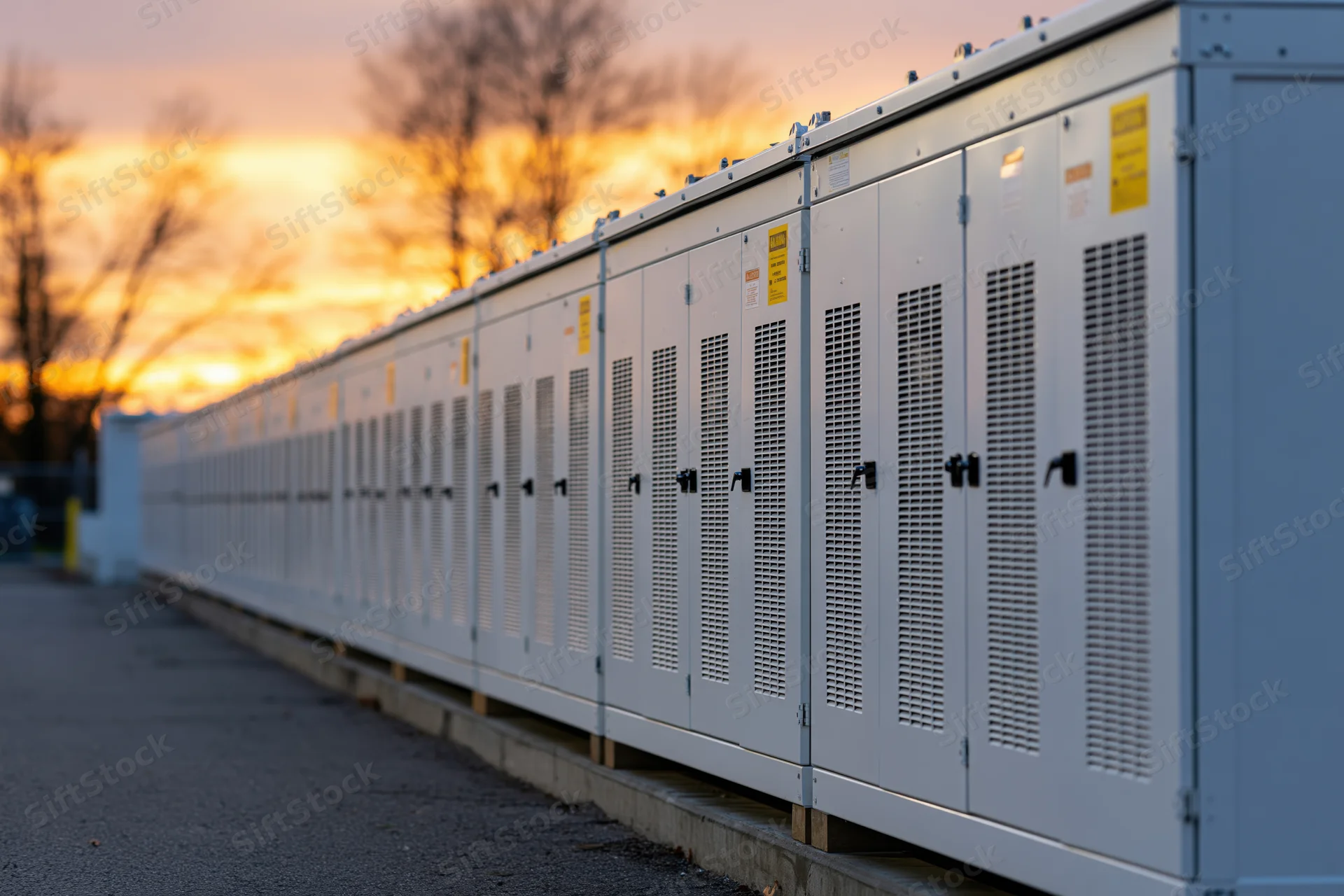 Row of white industrial battery energy storage cabinets aligned outdoors at sunset