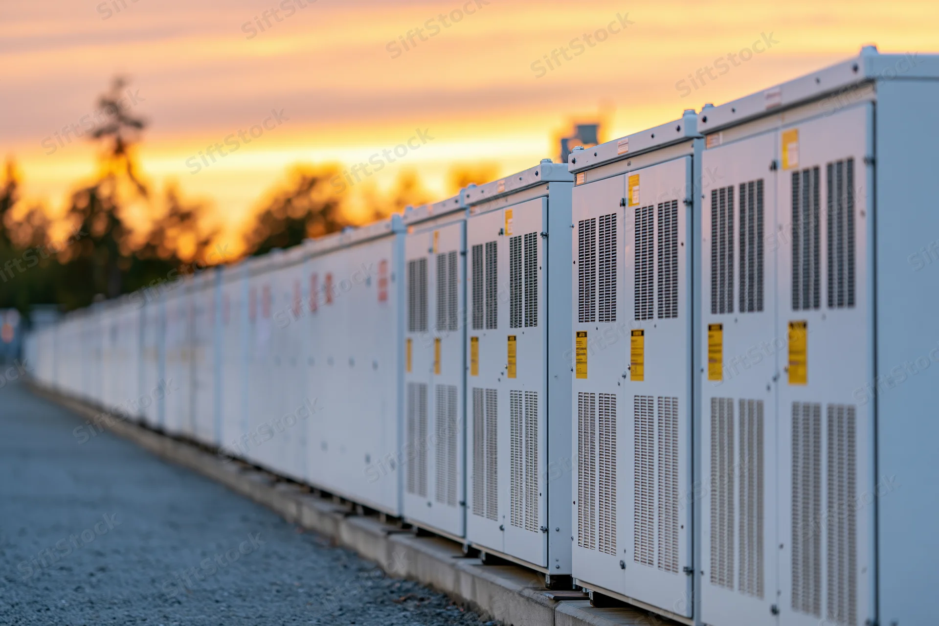 Row of white industrial battery energy storage units aligned outdoors at dusk