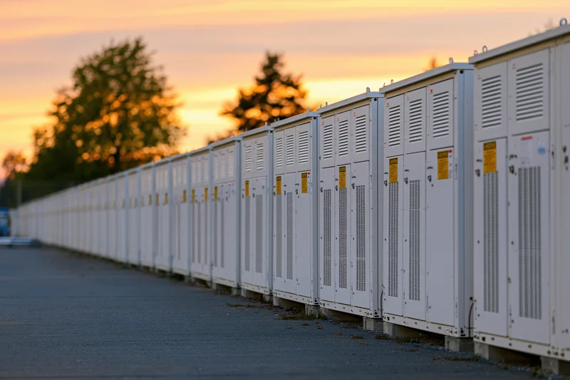 Row of white industrial battery energy storage units aligned outdoors at sunset