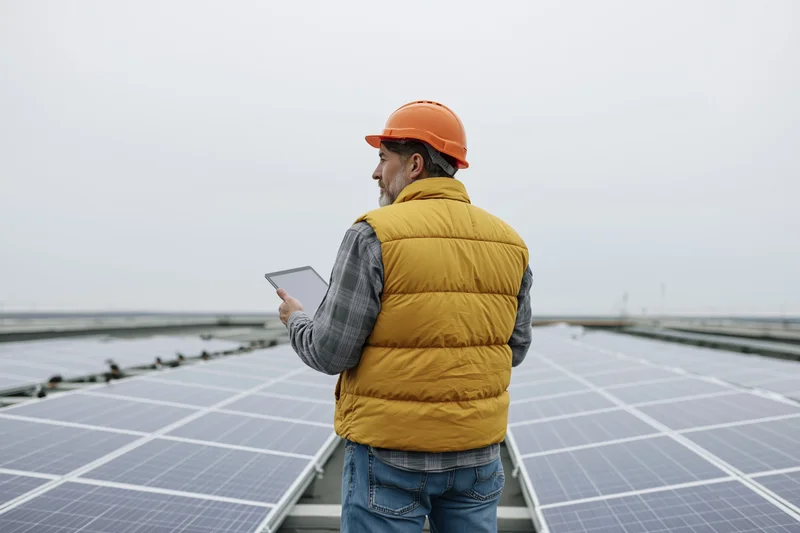 Male engineer inspecting solar panels on rooftop with tablet