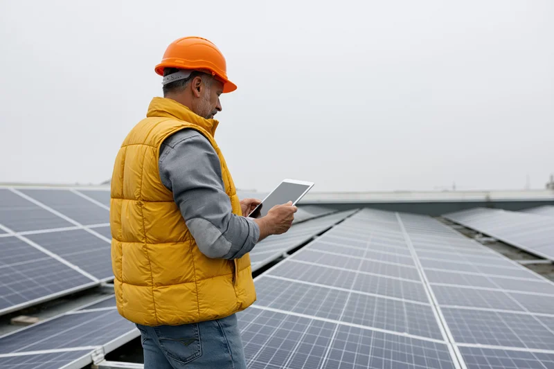 Male engineer inspecting solar panels on rooftop with tablet