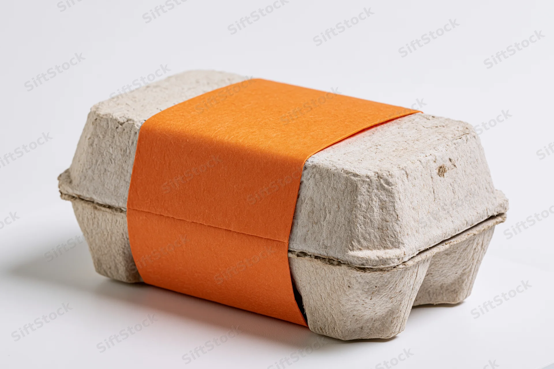 Molded pulp egg carton wrapped with orange paper band on white background