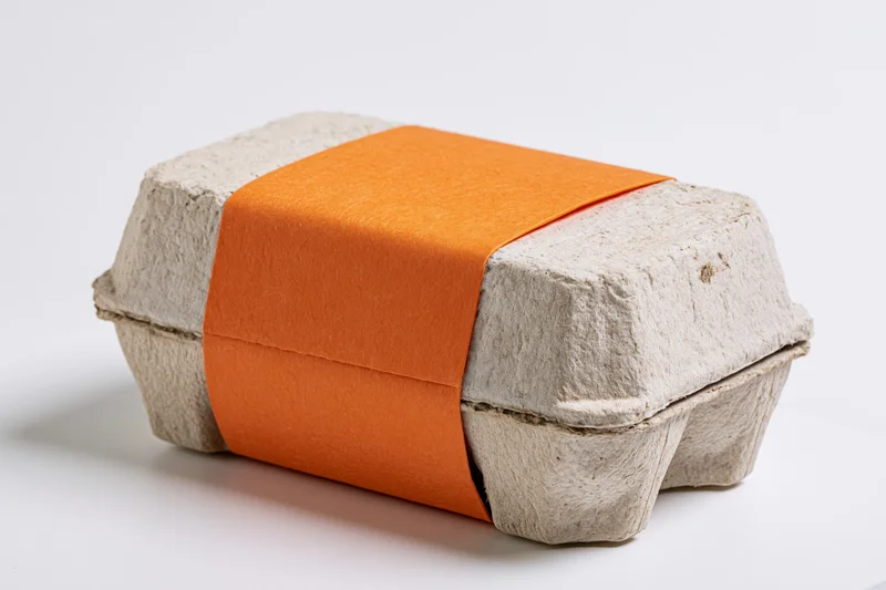 Molded pulp egg carton wrapped with orange paper band on white background