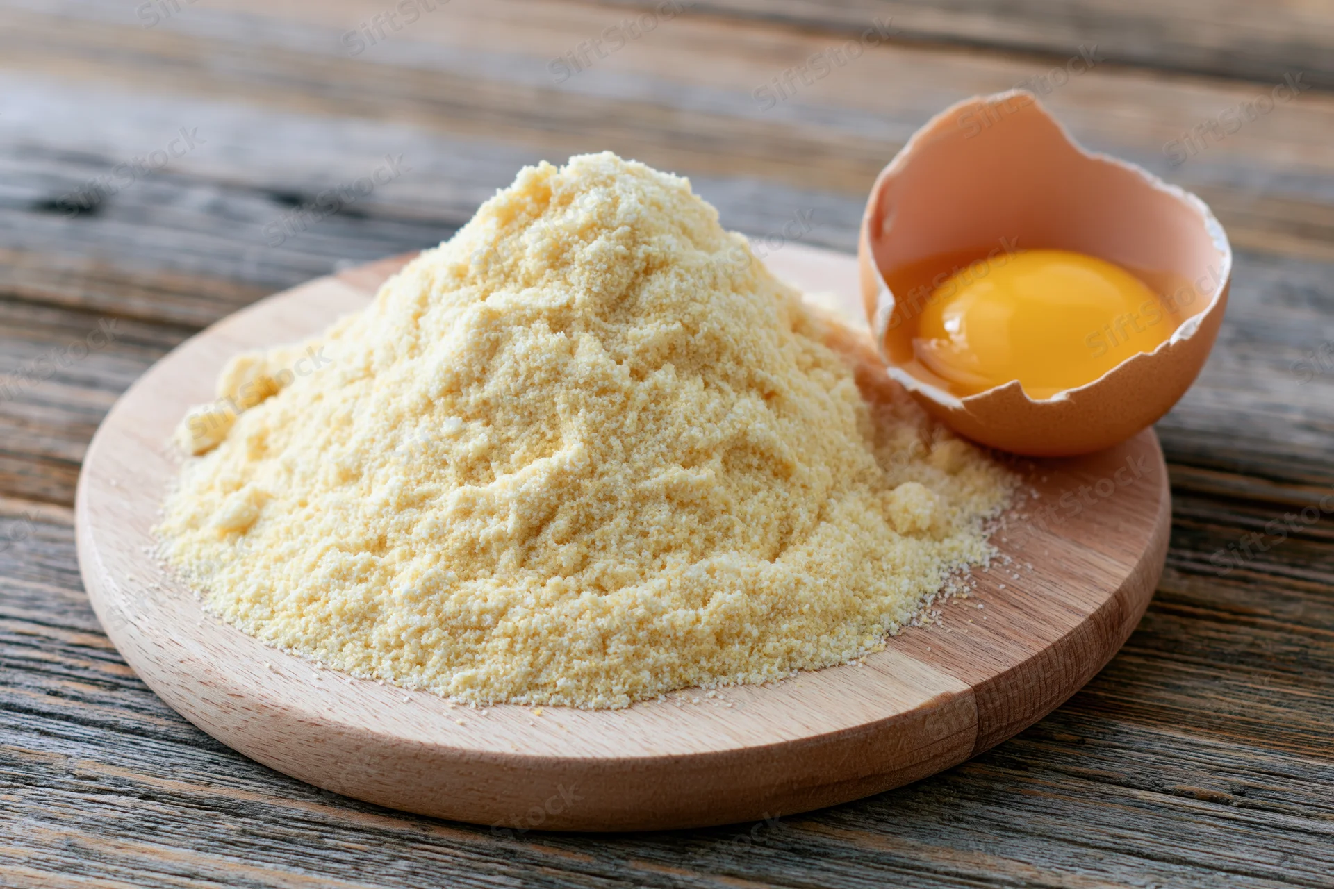 Mound of semolina flour with cracked egg yolk on wooden plate