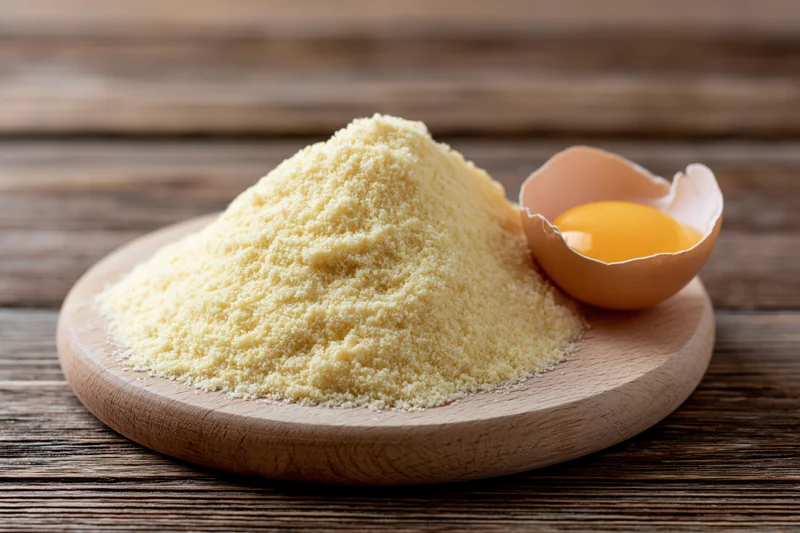 Mound of pale yellow semolina flour on a round wooden plate with a cracked egg yolk beside it