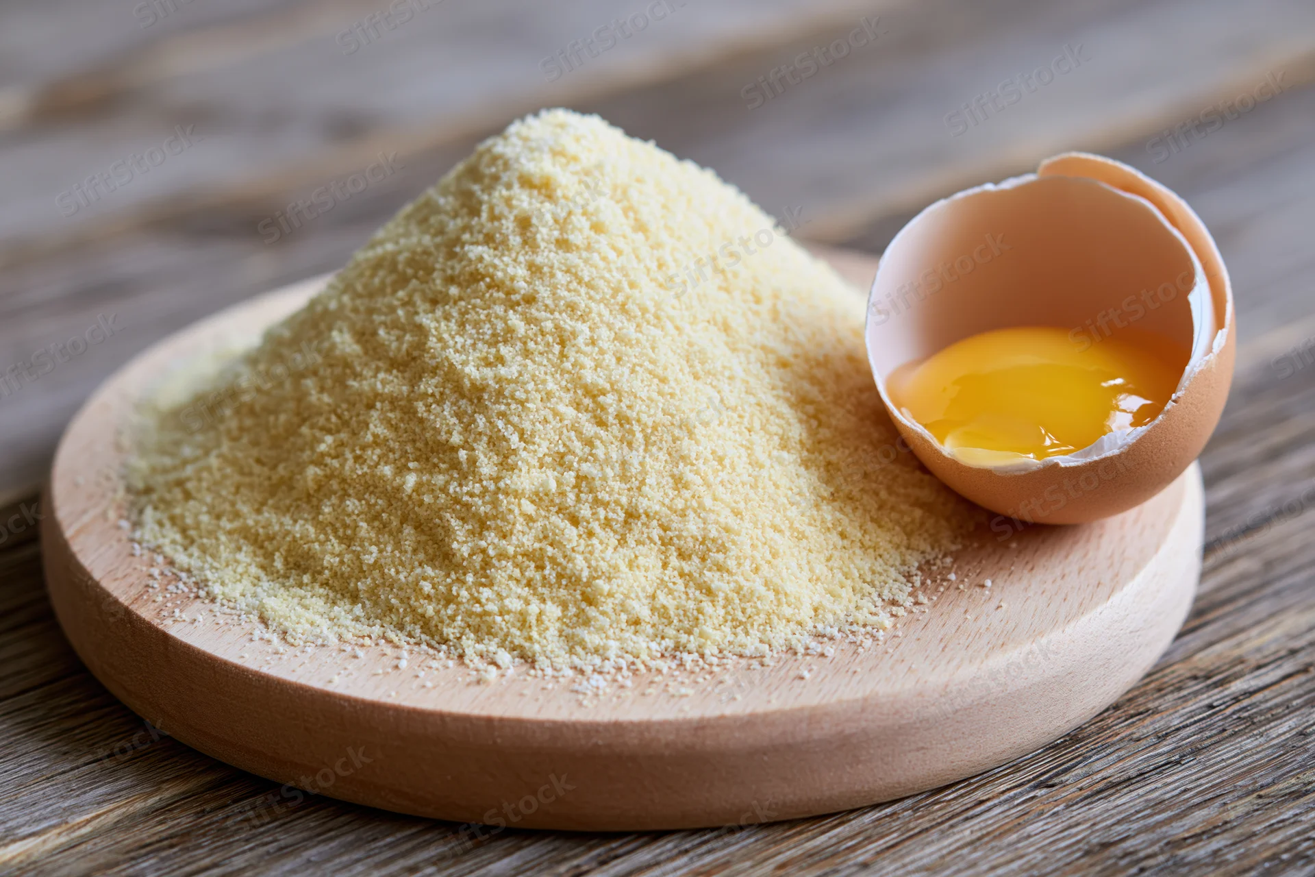 Mound of semolina flour with egg yolk in shell on wooden board