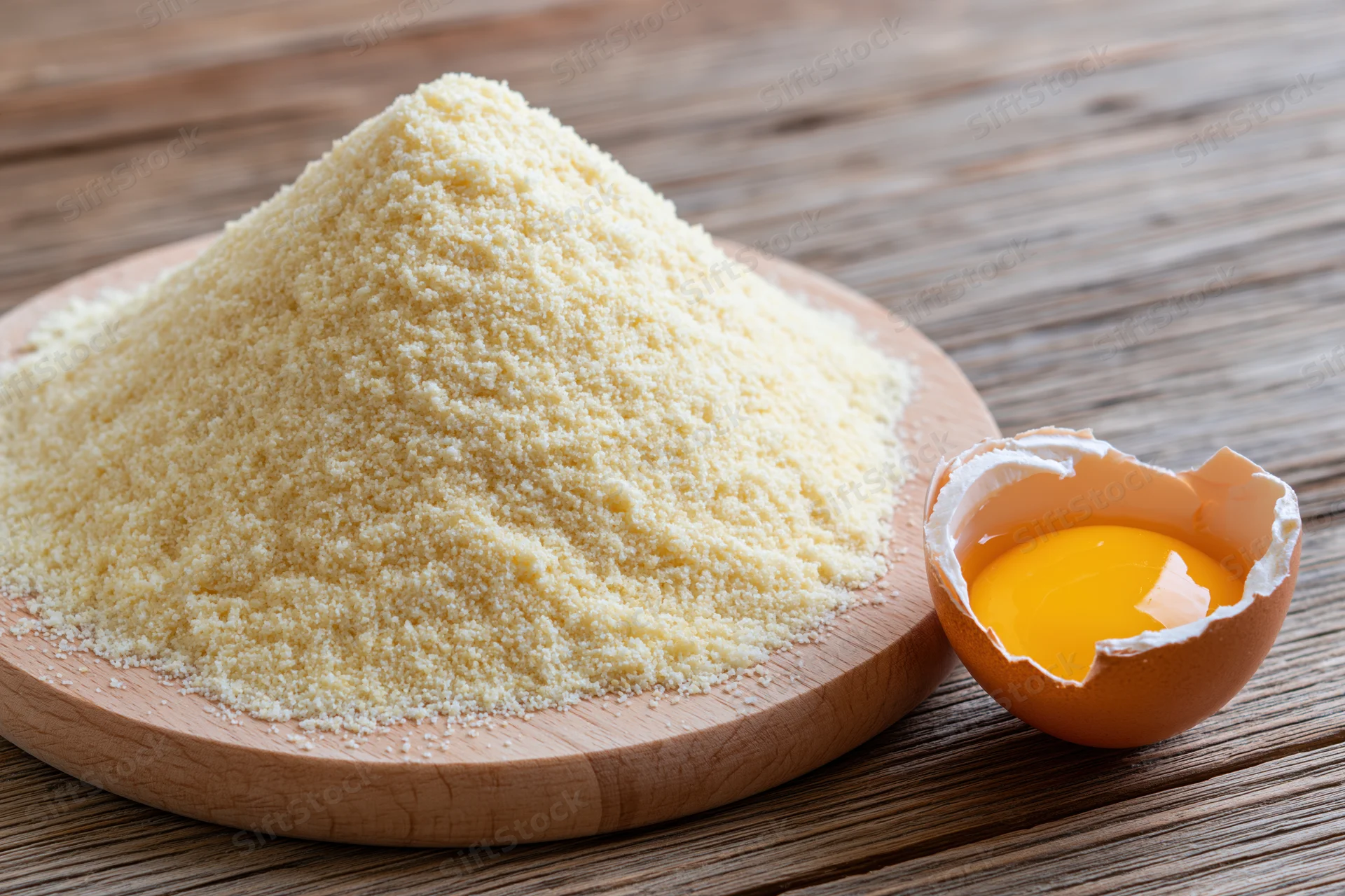 Mound of pale yellow semolina flour on wooden board beside cracked egg with yolk visible