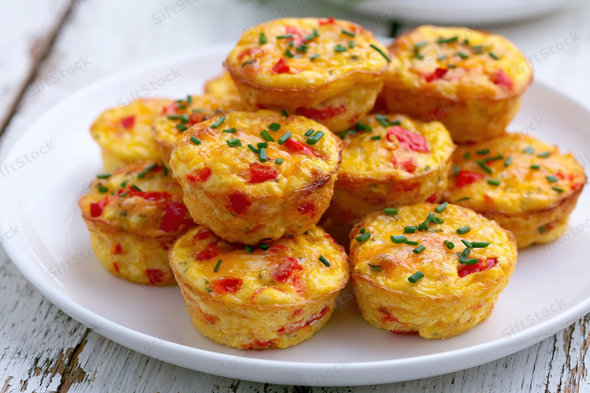 Golden-brown egg muffin cups stacked on a white plate with chives and red bell pepper bits, served as a breakfast dish on a rustic wooden table