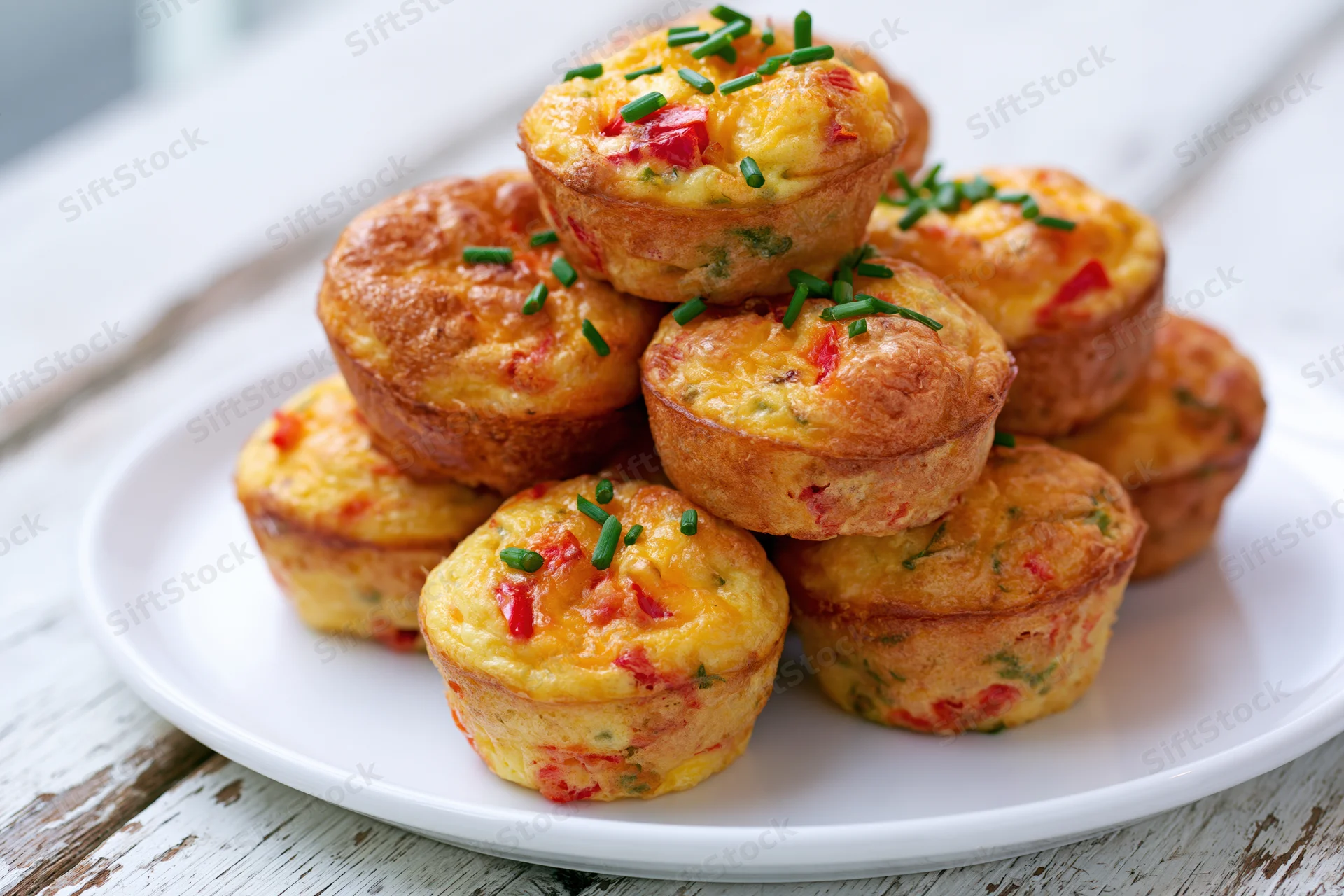 Golden-brown egg muffin cups stacked on a white plate on a rustic wooden table