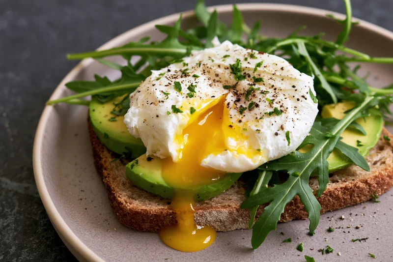 Poached egg with broken yolk running over avocado toast on a plate with arugula