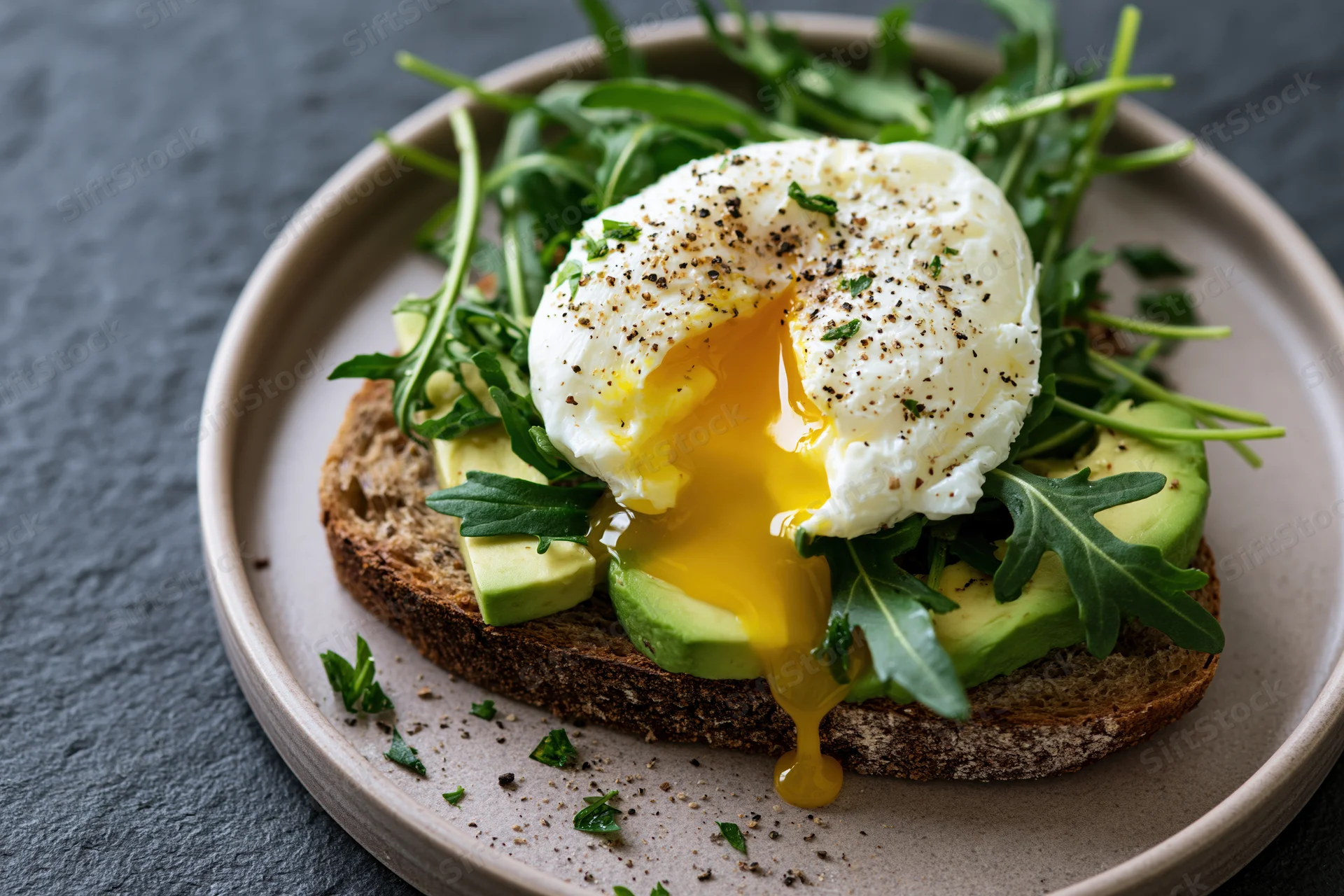 Poached egg with broken yolk running over avocado toast topped with arugula and black pepper on a ceramic plate