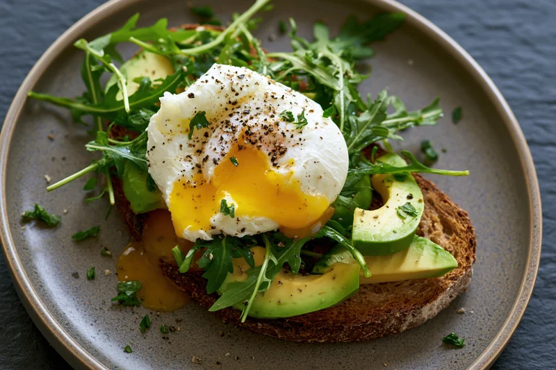 Poached egg with broken runny yolk on avocado toast with arugula and pepper on a gray plate