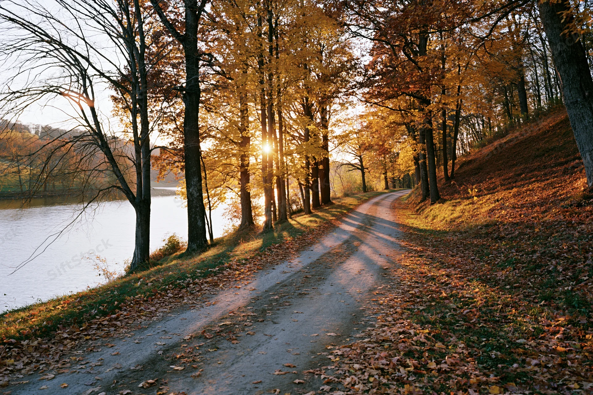 Winding dirt road lined with autumn deciduous trees alongside a lake at sunset