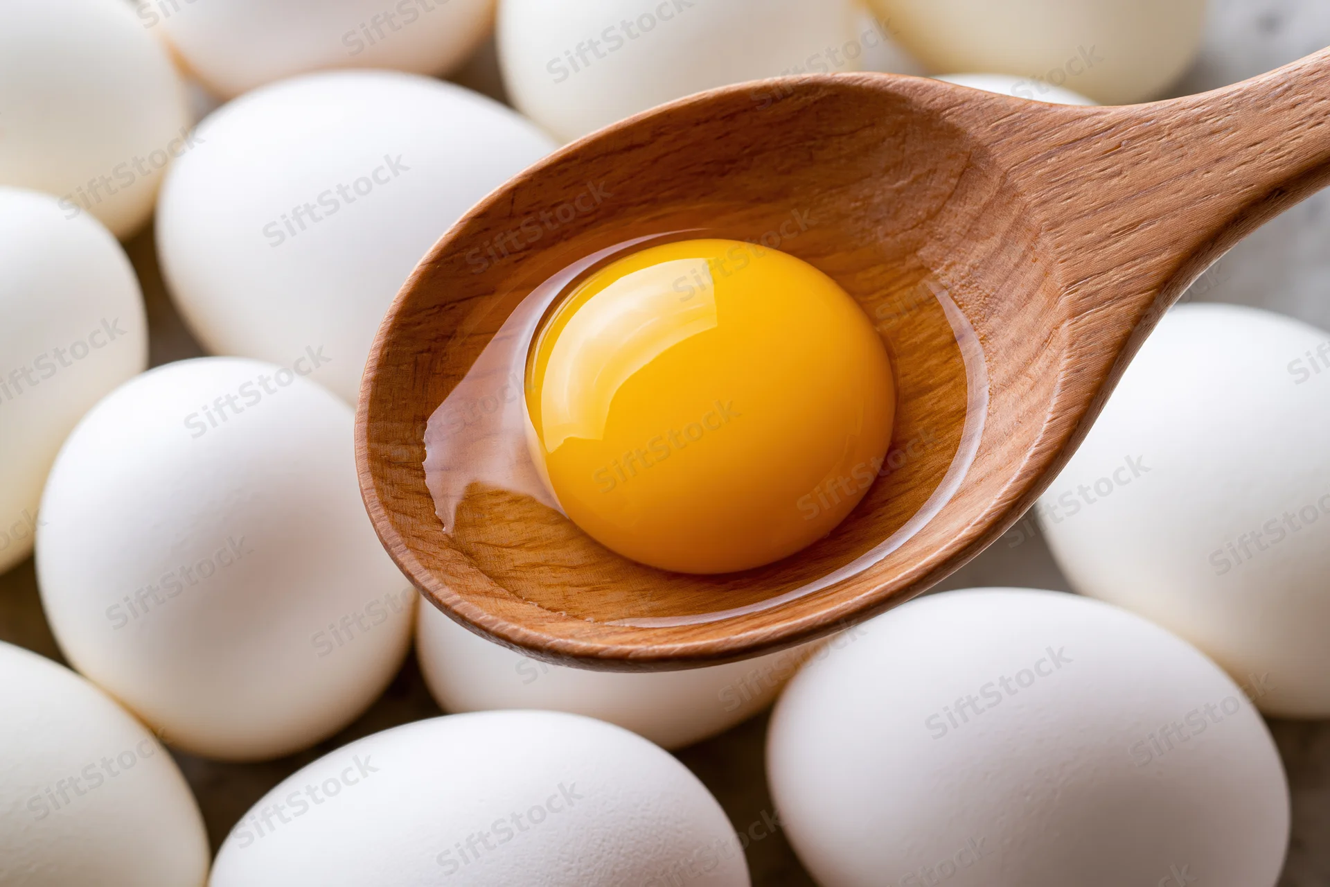 Raw egg yolk with clear albumen resting in a smooth wooden spoon surrounded by whole eggs