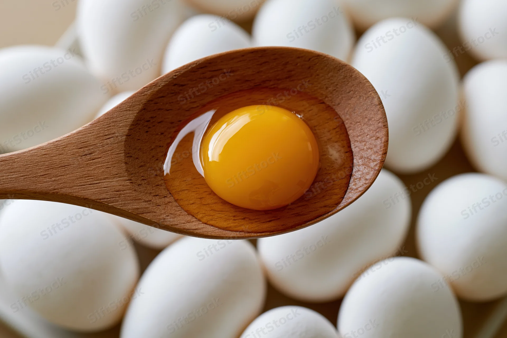 Raw egg yolk with clear albumen resting in a smooth wooden spoon above a carton of white eggs
