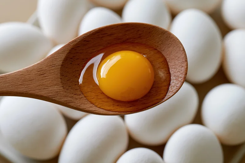 Raw egg yolk with clear albumen resting in a smooth wooden spoon above a carton of white eggs