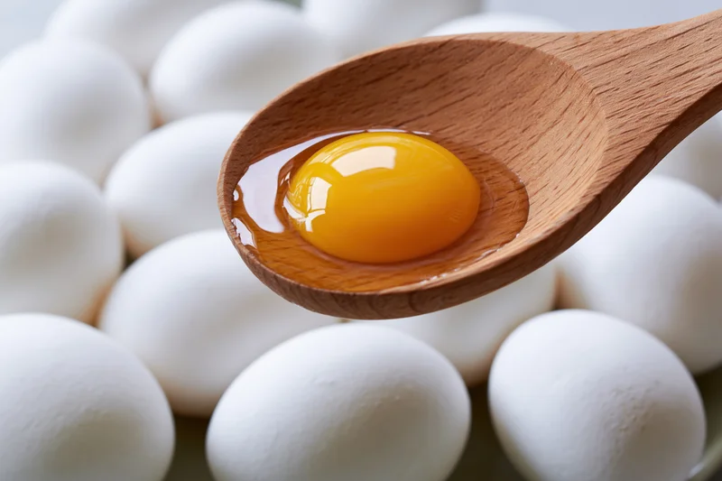 Raw egg yolk with clear albumen resting in a wooden spoon above a pile of white eggs