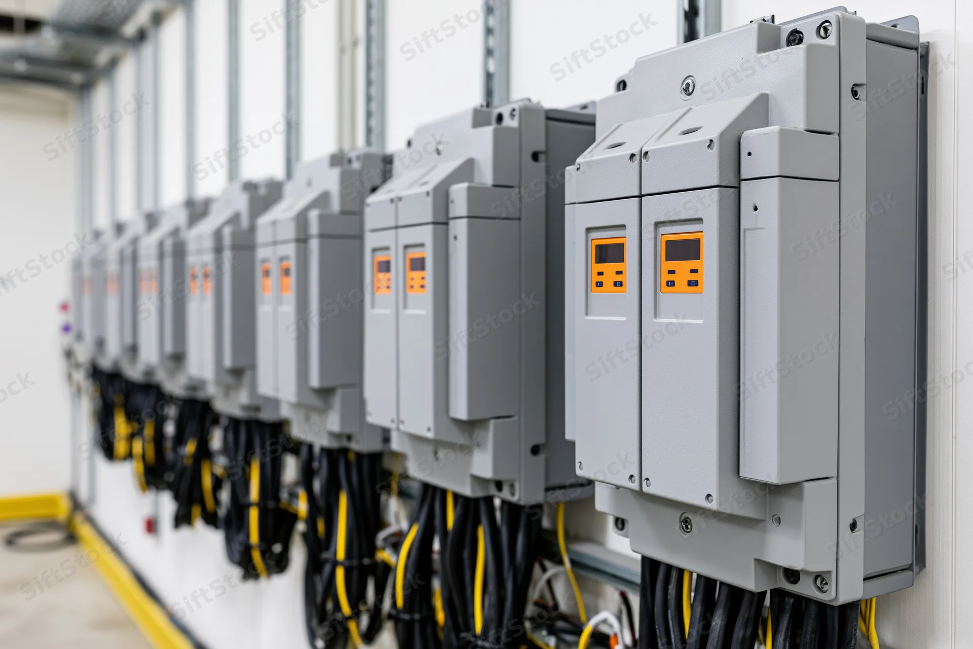 Row of gray variable frequency drive units mounted on a white wall in an industrial facility