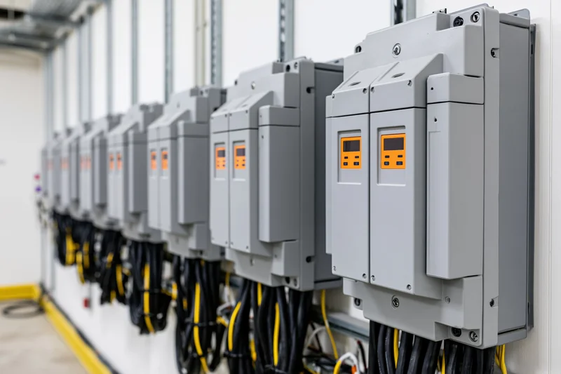 Row of gray variable frequency drive units mounted on a white wall in an industrial facility
