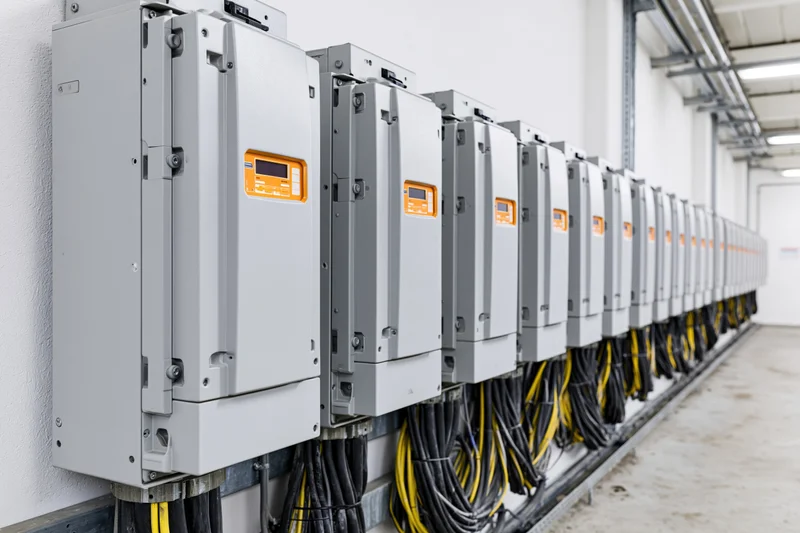 Row of identical gray variable frequency drive units mounted on wall in industrial facility with bundled yellow and black cables below