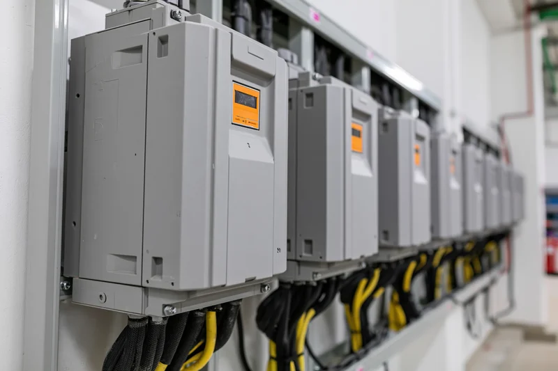 Row of gray variable frequency drive units mounted on wall in industrial facility