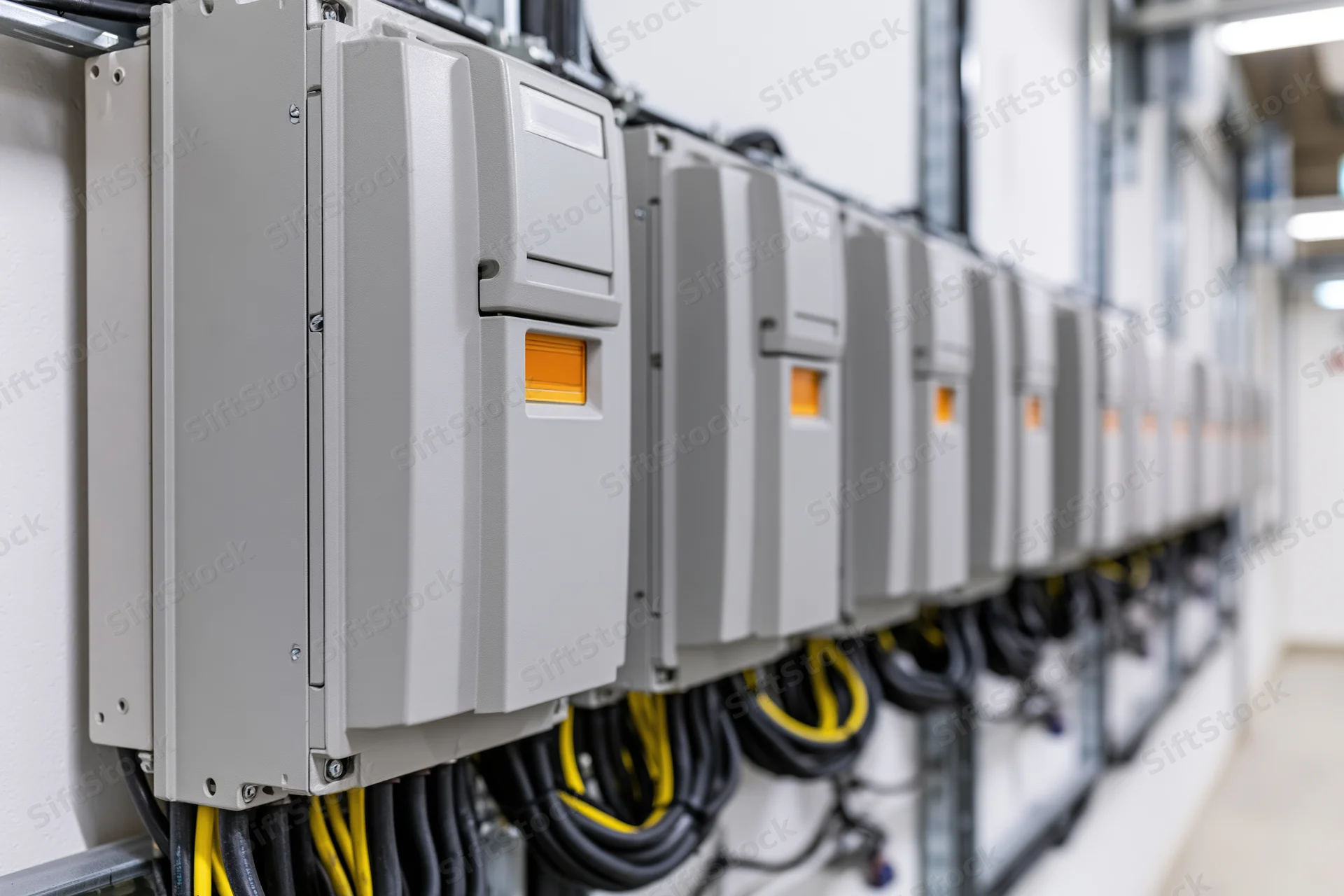 Row of identical gray variable frequency drive units mounted on a wall in an industrial facility