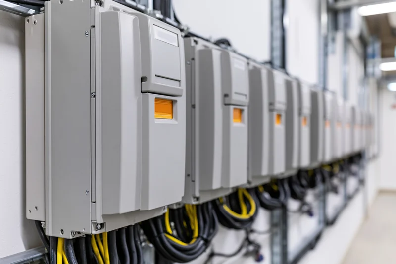 Row of identical gray variable frequency drive units mounted on a wall in an industrial facility