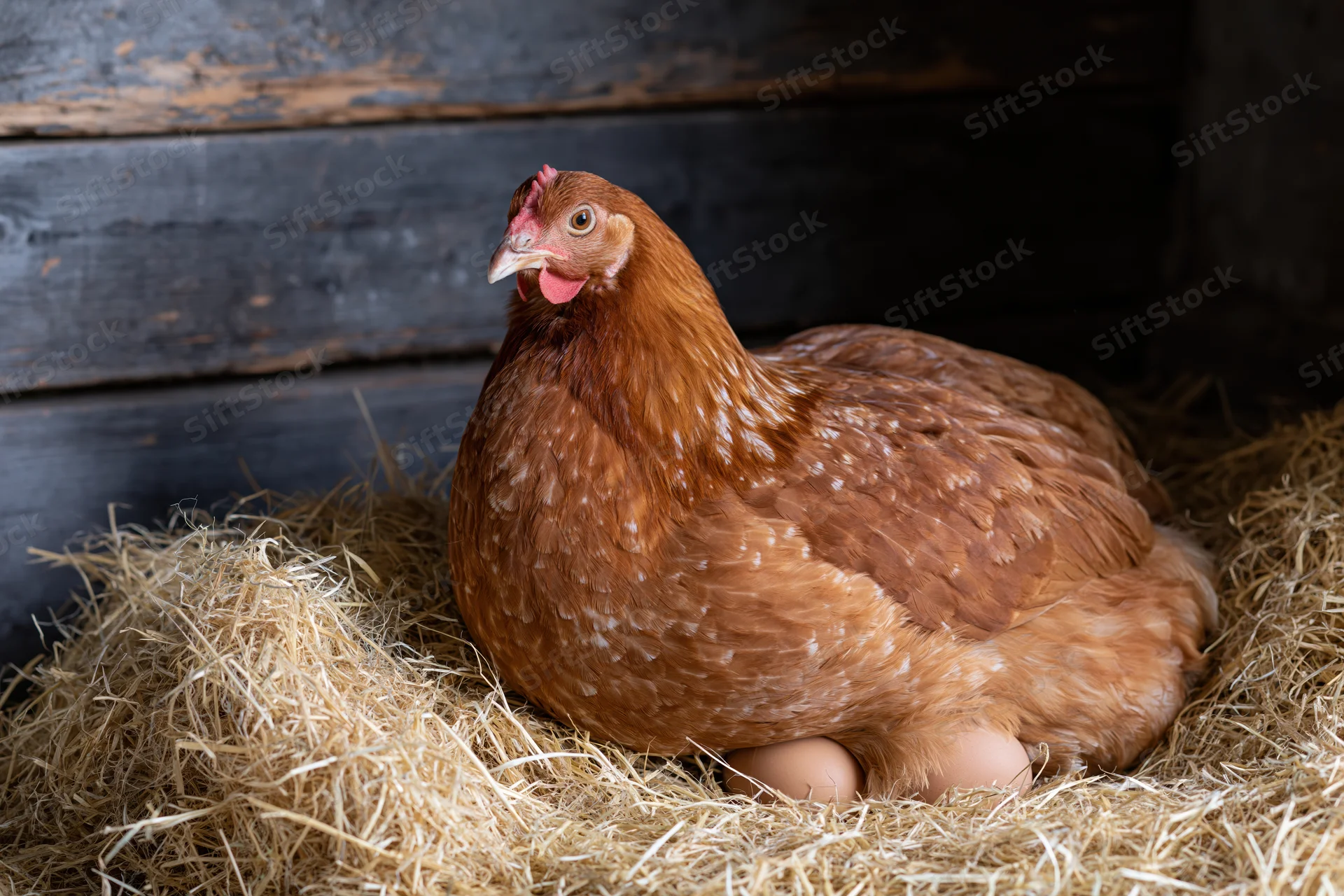 Russet-brown hen sitting in hay nest with two eggs visible beneath her body