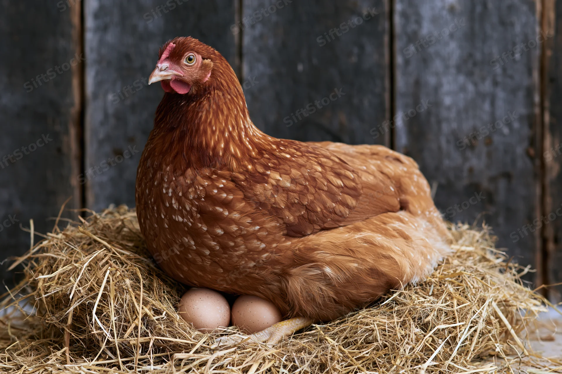 Russet-brown hen incubating two eggs in a hay nest inside a barn