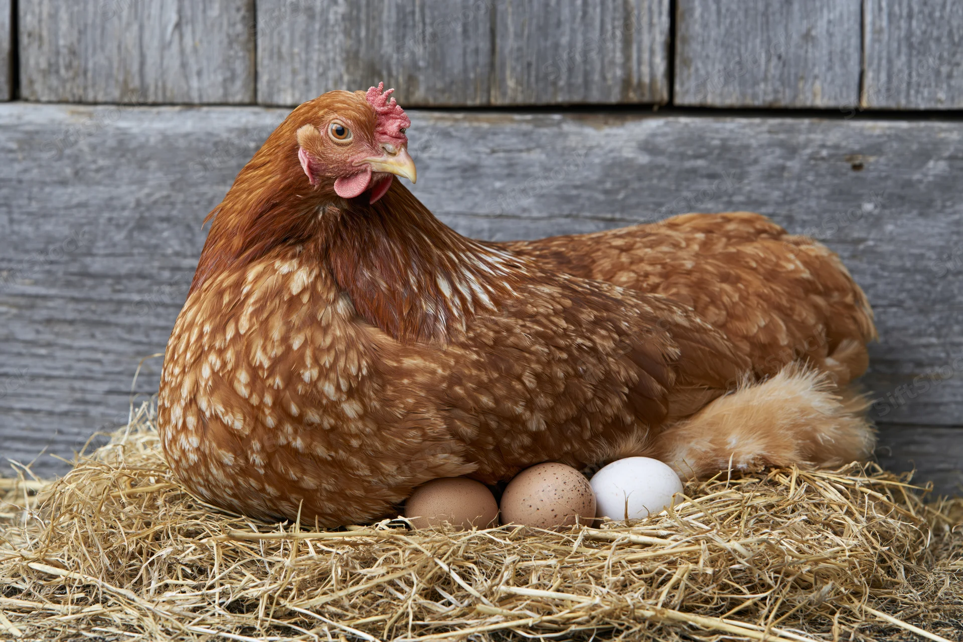 Rust-brown hen incubating three eggs in a straw nest against a wooden fence